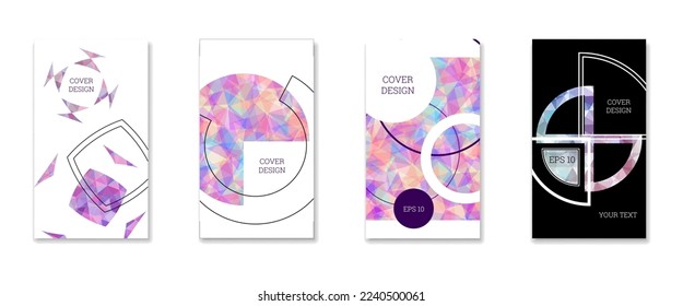 Deckungsdesign. Satz von 4 Covern. Nachahmung von zerbrochenem Papier. Ungewöhnlicher heller abstrakter Hintergrund für Magazin, Buch, Splash, Banner, Vektorgrafik. Nachahmung von zerkleinertem Papier