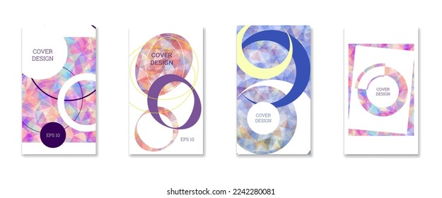 Diseño de portada. Conjunto de 4 cubiertas. Imitación de papel desmenuzado. Inusual fondo abstracto brillante para revista, libro, splash, banner, vector. Imitación de papel cruzado
