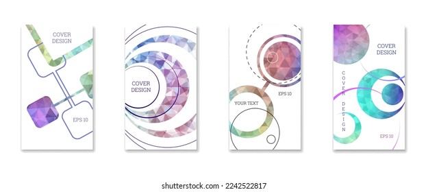 Diseño de portada. Conjunto de 4 cubiertas. Imitación de papel desmenuzado. Inusual fondo abstracto brillante para revista, libro, splash, banner, vector. Imitación de papel cruzado