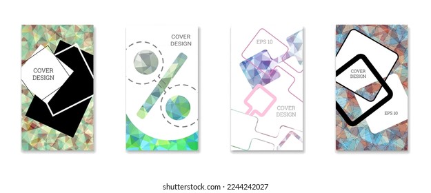 Cover design. Set of 4 covers. Imitation of crumpled paper. Unusual bright abstract background for magazine, book, splash, banner, vector. Imitation of crumpled paper