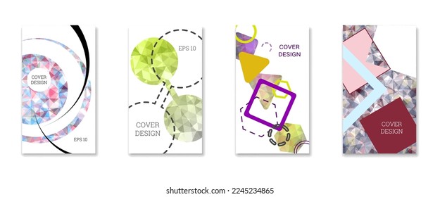Diseño de portada. Conjunto de 4 cubiertas. Imitación de papel desmenuzado. Inusual fondo abstracto brillante para revista, libro, splash, banner, vector. Imitación de papel cruzado