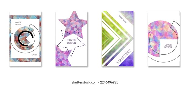 Diseño de portada. Conjunto de 4 cubiertas. Fondo abstracto de gradiente brillante inusual para revista, libro, splash, banner, vector.