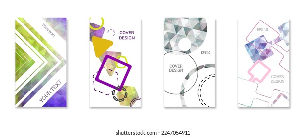 Diseño de portada. Conjunto de 4 cubiertas. Imitación de papel desmenuzado. Inusual fondo abstracto brillante para revista, libro, splash, banner, vector. Imitación de papel cruzado