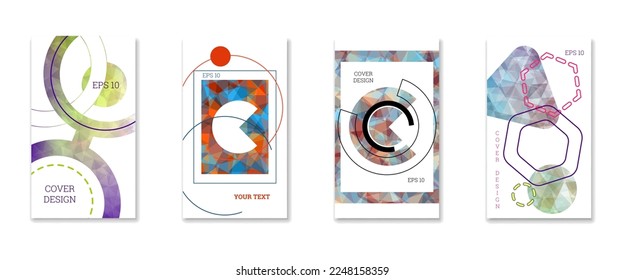 Cover design. Set of 4 covers. Imitation of crumpled paper. Unusual bright abstract background for magazine, book, splash, banner, vector. Imitation of crumpled paper
