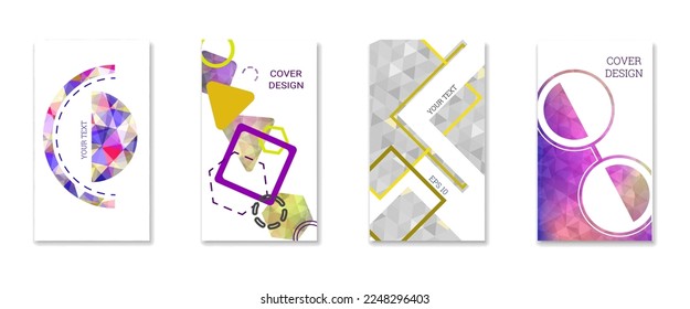 Diseño de portada. Conjunto de 4 cubiertas. Imitación de papel desmenuzado. Inusual fondo abstracto brillante para revista, libro, splash, banner, vector. Imitación de papel cruzado