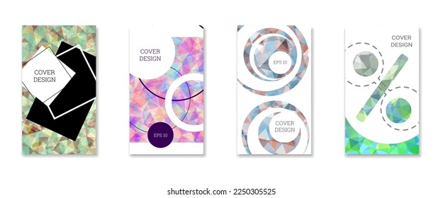 Diseño de portada. Conjunto de 4 cubiertas. Imitación de papel desmenuzado. Inusual fondo abstracto brillante para revista, libro, splash, banner, vector. Imitación de papel cruzado