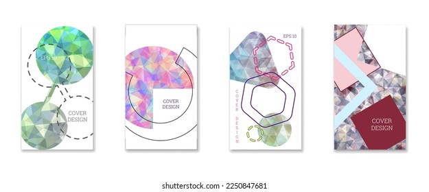 Deckungsdesign. Satz von 4 Covern. Nachahmung von zerbrochenem Papier. Ungewöhnlicher heller abstrakter Hintergrund für Magazin, Buch, Splash, Banner, Vektorgrafik. Nachahmung von zerkleinertem Papier