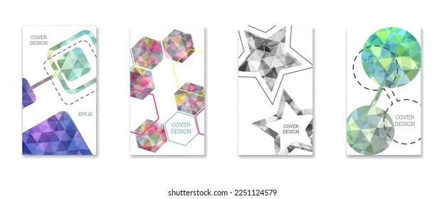 Diseño de portada. Conjunto de 4 cubiertas. Imitación de papel desmenuzado. Inusual fondo abstracto brillante para revista, libro, splash, banner, vector. Imitación de papel cruzado