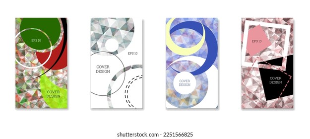 Cover design. Set of 4 covers. Imitation of crumpled paper. Unusual bright abstract background for magazine, book, splash, banner, vector. Imitation of crumpled paper