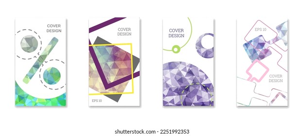 Cover design. Set of 4 covers. Imitation of crumpled paper. Unusual bright abstract background for magazine, book, splash, banner, vector. Imitation of crumpled paper
