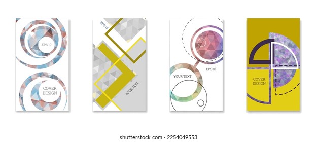 Diseño de portada. Conjunto de 4 cubiertas. Imitación de papel desmenuzado. Inusual fondo abstracto brillante para revista, libro, splash, banner, vector. Imitación de papel cruzado