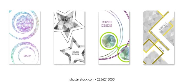 Diseño de portada. Conjunto de 4 cubiertas. Imitación de papel desmenuzado. Inusual fondo abstracto brillante para revista, libro, splash, banner, vector. Imitación de papel cruzado