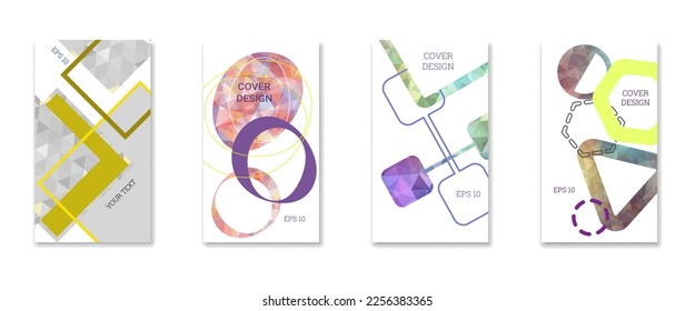 Diseño de portada. Conjunto de 4 cubiertas. Imitación de papel desmenuzado. Inusual fondo abstracto brillante para revista, libro, splash, banner, vector. Imitación de papel cruzado