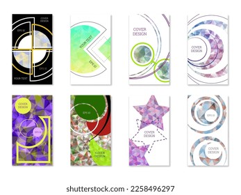Cover design. Set of 8 covers. Imitation of crumpled paper. Unusual bright abstract background for magazine, book, splash, banner, vector. Imitation of crumpled paper