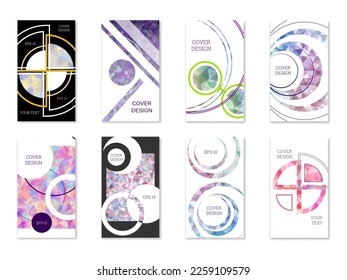 Diseño de portada. Conjunto de 8 cubiertas. Imitación de papel desmenuzado. Inusual fondo abstracto brillante para revista, libro, splash, banner, vector. Imitación de papel cruzado