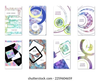 Diseño de portada. Conjunto de 8 cubiertas. Imitación de papel desmenuzado. Inusual fondo abstracto brillante para revista, libro, splash, banner, vector. Imitación de papel cruzado