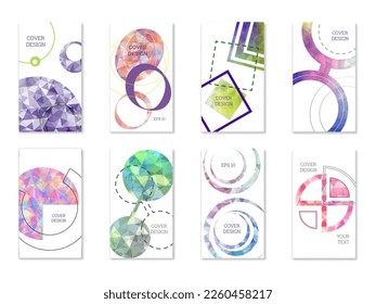Cover design. Set of 8 covers. Imitation of crumpled paper. Unusual bright abstract background for magazine, book, splash, banner, vector. Imitation of crumpled paper