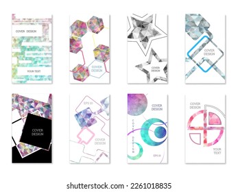 Cover design. Set of 8 covers. Imitation of crumpled paper. Unusual bright abstract background for magazine, book, splash, banner, vector. Imitation of crumpled paper
