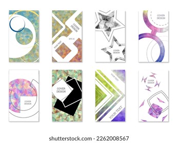 Diseño de portada. Conjunto de 8 cubiertas. Imitación de papel desmenuzado. Inusual fondo abstracto brillante para revista, libro, splash, banner, vector. Imitación de papel cruzado