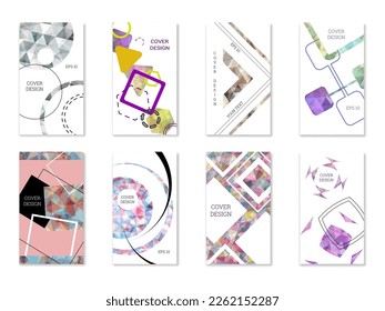 Diseño de portada. Conjunto de 8 cubiertas. Imitación de papel desmenuzado. Inusual fondo abstracto brillante para revista, libro, splash, banner, vector. Imitación de papel cruzado