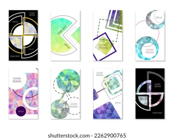 Diseño de portada. Conjunto de 8 cubiertas. Imitación de papel desmenuzado. Inusual fondo abstracto brillante para revista, libro, splash, banner, vector. Imitación de papel cruzado