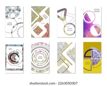 Cover design. Set of 8 covers. Imitation of crumpled paper. Unusual bright abstract background for magazine, book, splash, banner, vector. Imitation of crumpled paper
