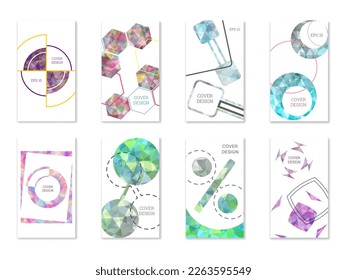 Cover design. Set of 8 covers. Imitation of crumpled paper. Unusual bright abstract background for magazine, book, splash, banner, vector. Imitation of crumpled paper