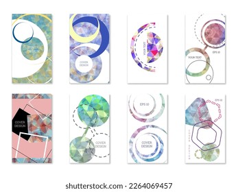 Cover design. Set of 8 covers. Imitation of crumpled paper. Unusual bright abstract background for magazine, book, splash, banner, vector. Imitation of crumpled paper