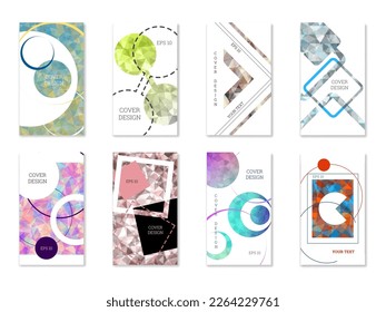 Deckungsdesign. Satz von 8 Covern. Nachahmung von zerbrochenem Papier. Ungewöhnlicher heller abstrakter Hintergrund für Magazin, Buch, Splash, Banner, Vektorgrafik. Nachahmung von zerkleinertem Papier
