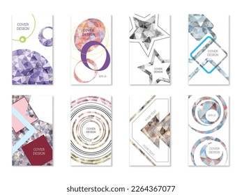 Diseño de portada. Conjunto de 8 cubiertas. Imitación de papel desmenuzado. Inusual fondo abstracto brillante para revista, libro, splash, banner, vector. Imitación de papel cruzado