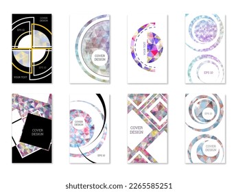 Cover design. Set of 8 covers. Imitation of crumpled paper. Unusual bright abstract background for magazine, book, splash, banner, vector. Imitation of crumpled paper