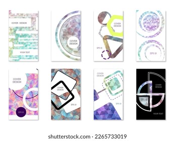 Cover design. Set of 8 covers. Imitation of crumpled paper. Unusual bright abstract background for magazine, book, splash, banner, vector. Imitation of crumpled paper