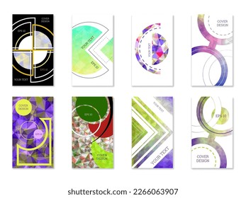 Cover design. Set of 8 covers. Imitation of crumpled paper. Unusual bright abstract background for magazine, book, splash, banner, vector. Imitation of crumpled paper