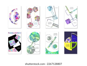 Diseño de portada. Conjunto de 8 cubiertas. Imitación de papel desmenuzado. Inusual fondo abstracto brillante para revista, libro, splash, banner, vector. Imitación de papel cruzado