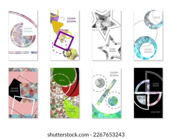 Deckungsdesign. Satz von 8 Covern. Nachahmung von zerbrochenem Papier. Ungewöhnlicher heller abstrakter Hintergrund für Magazin, Buch, Splash, Banner, Vektorgrafik. Nachahmung von zerkleinertem Papier