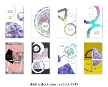 Cover design. Set of 8 covers. Imitation of crumpled paper. Unusual bright abstract background for magazine, book, splash, banner, vector. Imitation of crumpled paper