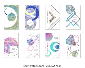 Diseño de portada. Conjunto de 8 cubiertas. Imitación de papel desmenuzado. Inusual fondo abstracto brillante para revista, libro, splash, banner, vector. Imitación de papel cruzado