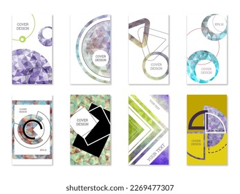 Diseño de portada. Conjunto de 8 cubiertas. Imitación de papel desmenuzado. Inusual fondo abstracto brillante para revista, libro, splash, banner, vector. Imitación de papel cruzado