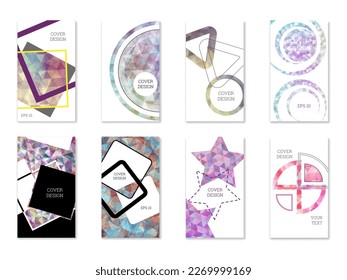 Diseño de portada. Conjunto de 8 cubiertas. Imitación de papel desmenuzado. Inusual fondo abstracto brillante para revista, libro, splash, banner, vector. Imitación de papel cruzado