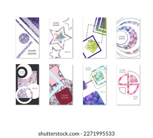 Cover design. Set of 8 covers. Imitation of crumpled paper. Unusual bright abstract background for magazine, book, splash, banner, vector. Imitation of crumpled paper