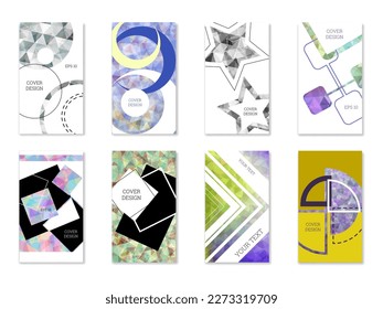 Cover design. Set of 8 covers. Imitation of crumpled paper. Unusual bright abstract background for magazine, book, splash, banner, vector. Imitation of crumpled paper