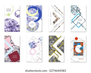 Cover design. Set of 8 covers. Imitation of crumpled paper. Unusual bright abstract background for magazine, book, splash, banner, vector. Imitation of crumpled paper