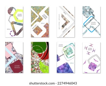 Diseño de portada. Conjunto de 8 cubiertas. Imitación de papel desmenuzado. Inusual fondo abstracto brillante para revista, libro, splash, banner, vector. Imitación de papel cruzado