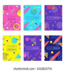 Cover design set with abstract geometric background. Memphis style covers. Poster, banner, brochure colorful templates. Vector illustration.