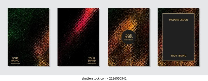 Cover design set. Black backgrounds, grunge texture, insert for text and advertising, vertical templates. Geometric colored pattern. Decoration for brochure, catalog, book, poster, flyer design.