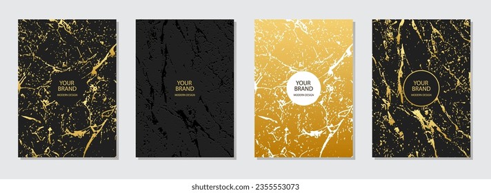 Cover design set. Black backgrounds, marble golden grunge texture, crack. Geometric 3d relief pattern. Collection of vector vertical templates for creative ideas and creativity. 