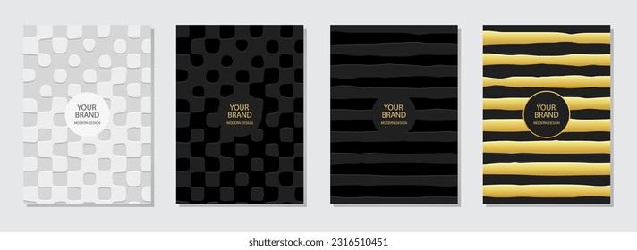 Conjunto de diseño de portada. Fondo de textura negra, textura dorada. Patrón vintage geométrico con líneas, formas. Colección minimalista, capa superpuesta de grunge. Plantillas vectoriales verticales.