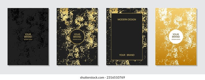 Cover design set. Black texture background, golden texture. Geometric vintage pattern with spots, cracks, scratches. Unique collection, grunge overlay layer. Vertical vector templates.