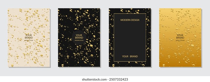 Cover design set. Black texture background, gold texture. Geometric original pattern with spots, cracks, scratches. Luxury collection, grunge overlay layer. Vertical abstract templates.