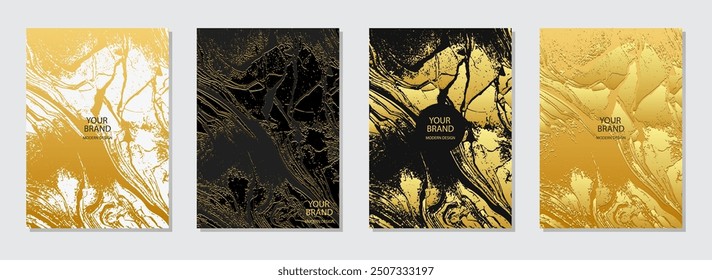 Cover design set. Black texture background, gold texture. Geometric marble pattern with spots, cracks, scratches. Unique collection, grunge overlay layer. Vertical abstract templates.
